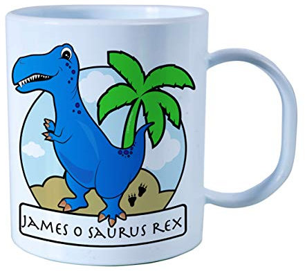 The Supreme Gift Company Personalised Blue T-Rex Dinosaur Kids Cup – BPA Free Plastic Unbreakable Drinks Mug, Custom Name Boys Juice Cup, Dishwasher Safe