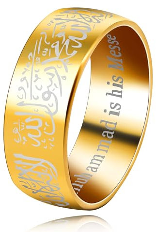 Uloveido Frauen Männer Gold Farbe Edelstahl Muslim Islamic Islamic Wide Band Ring mit Shahada in Arabisch und Englisch Y543