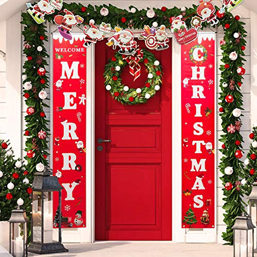 BUZIFU 2 Stück Frohe Weihnachten Banner Weihnachts Türbanner 31x180cm Merry Christmas Banner Weihnachtsdeko Weihnachtsbanner Weihnachten Veranda Schild mit 3m Wimpelkette für Partyzubehör