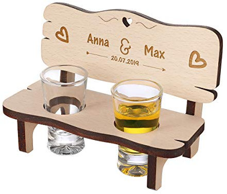 Banco de chupitos con 2 Vasos de chupito Personalizados, Banco de Madera, Personalizable con Nombre, Bodas, diseño de corazón Doble