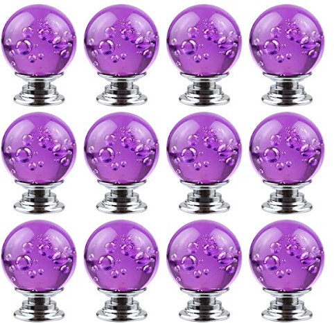 BNYZWOT Lot de 12 boutons de placard ronds en verre à bulles pour la maison, l'armoire, le tiroir et la commode avec 3 tailles de vis différentes, 30 mm (violet)