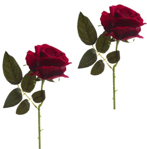 Red Luxury Velvet Rose - Single Long Stem Artificial Flower for Bridal Wedding Event Bouquets (12 pcs.) - Faux Flower for Home Office Hotel Party Decoration