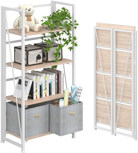4NM Faltbares Bücherregal mit 3 Ebenen, Vintage-Bücherregal, Standregale, Arbeitszimmer, Organizer, Heimbüro (4 Ebenen, Natur und Weiß mit Aufbewahrungsbox)