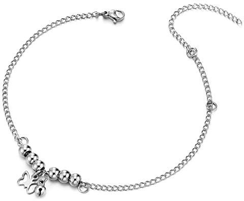 COOLSTEELANDBEYOND Acier Inoxydable Femme Chaîne Maillons Bracelets de Cheville avec Perle Charms, Chaîne de Charmes de Grelot et Papillon