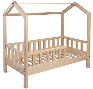 Kinderbett Bett Hausbett 60x120 mit Rausfallschutz Lattenrost Bettgestell aus Kiefer Holz für Haus Kinder Jungen & Mädchen - Holzbett Baby Kinderzimmer Junge Deko (Rausfallschutz: MIT)