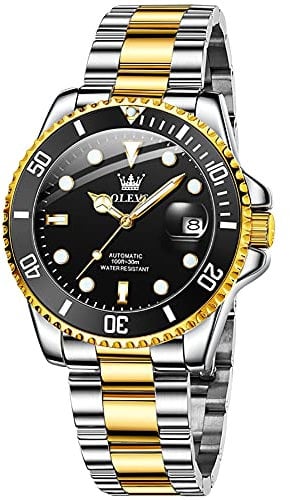 OLEVS Herren-Armbanduhr, automatisch, goldfarben, silberfarben, Edelstahl, automatisch, drehbar, wasserdicht, Datumsanzeige, analog, mechanisch, für Herren, Armband aus Stahl, zweifarbig, Armband aus