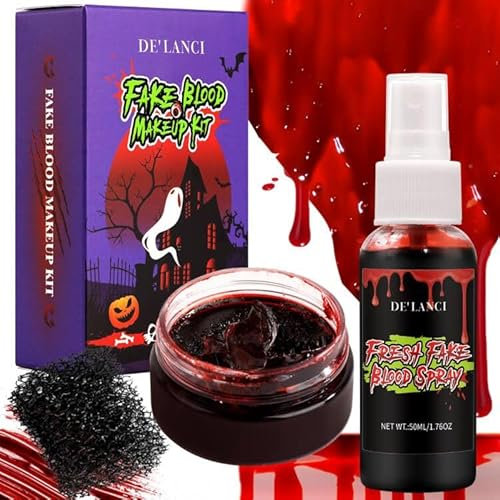 Kunstblut Spray Spritzer + Kunstschorf geronnenes Blut Gel + Stipple Schwamm, abwaschbares Kunstblut für Kleidung Augen Gesicht Haut, Kunstblut Makeup Kit für Halloween Vampir, Zombie und Sfx Wunde