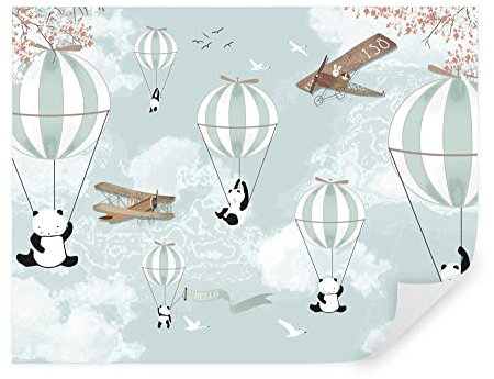 Tapeko Papier Peint Chambre Enfant 260x180 cm 3D Effet Montgolfière Ciel Oiseaux Avions Pandas Animaux pour Garçon Fille Papier Peint intissé plus u04394#15