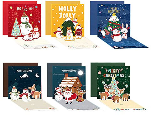 Feliciay 6 Stück Pop Up Weihnachtskarten Set, Lustige 3D Weihnachtskarte, weihnachtskarten pop up für Kinder, Handgemachte Pop up Weihnachtsgrußkarte Mit Umschlägen und Aufklebern(Xmas 1)