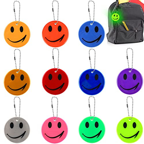 Prmape 11 Stück Sicherheits Reflektor Anhänger, Reflektoren Kinder, Reflektierender Smiley-Anhänger, Leuchtanhänger 11 Farben für Schultasche Rucksack Radfahren Gehen Laufen