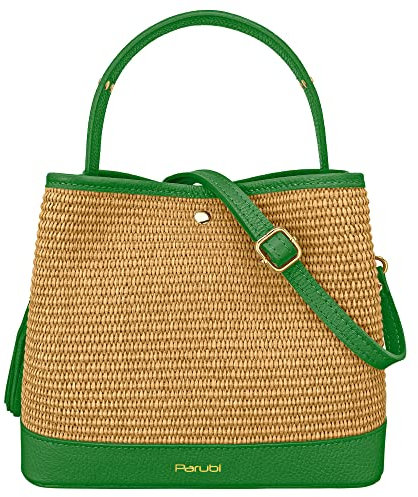 Parubi Bolso de Cubo con Bandolera, Bolso de Mano con Cuero Genuino y Rafia Natural, Bolso de Hombro, Made in Italy, Bolsa de Rafia Medio-pequeño Elegante para Mujer y Chica (Elide - Verde Botella)