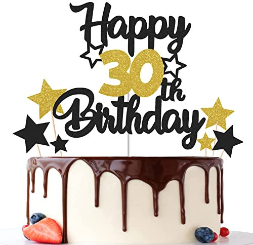 Gidobo 30th Birthday Cake Toppers, Black Gold Glittery Cake Decorations with Stars, Thirty Years Old Birthday Party Supplies for Men and Women