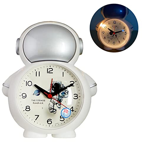 Analoger Wecker, leise, Astronaut, Wecker, Haus, Ornamente, batteriebetrieben, kleiner Reisewecker ohne Ticken, mit Snooze-Funktion und Licht, für Schlafzimmer, Büro (Silber)