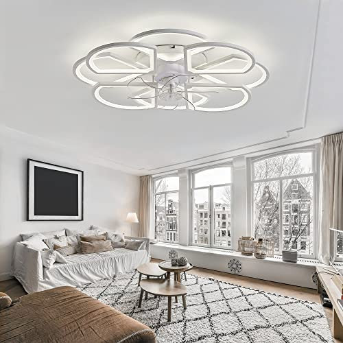 YUNZI 80CM Ventilateur De Plafond avec Lumière Minuterie Silencieuse Réversible Moteur DC Mode Hiver Et Été LED 70W Dimmable Plafonnier avec Ventilateur 6 Vitesses pour Chambre Salon-White||80CM