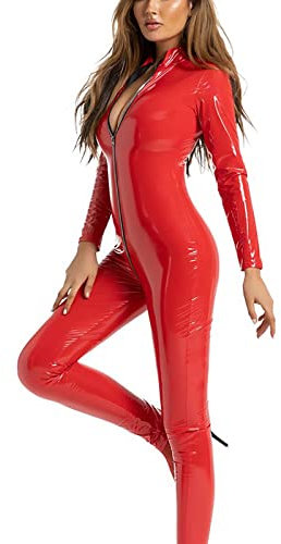 Caxndycing Damen Wetlook Jumpsuit Body Leggings Latex Catsuit Lack Leder Wetlook Body Overall Einteiler Langarm Bodysuit Reißverschluss Langarm Bodysuit Frauen Sexy Dessous Gogo Clubwear