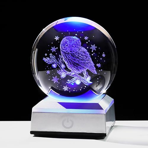 Ornalrist Kristallkugel, 3D-Gravur, Eule mit Schneeflocke, Geschenke für Damen, Herren, Kinder, Glaskugel mit LED, bunte Basis, Ideen für Geburtstag, Weihnachten, Heimdekoration, 8 cm