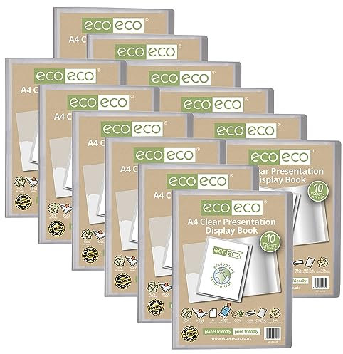 eco-eco Lot de 12 porte-vues transparents à 10 pochettes Format A4 50% recyclé avec pochettes en plastique 125 x 12
