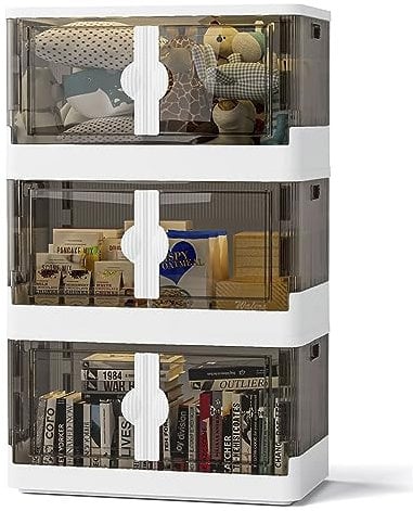 Faltbare Kunststoff Aufbewahrungsbox mit Deckel, 43 L Groß Stapelbare Aufbewahrungskisten mit Rädern, Transparente Klappbox für Büro,Bad,Kinderzimmer,Küche&Wohnzimmer,Weiß,3 Pack