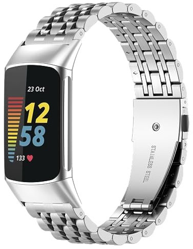 EZMVZKU Metall Armband für Fitbit Charge 5/6, Edelstahl Verstellbares Ersatzarmband Kompatibel mit Charge 5/Charge 6 Fitness Tracker, Armbänder für Damen Herren,Silver