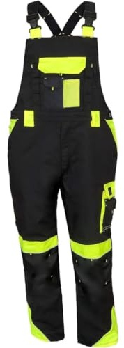 Luckyberg Herren Latzhose, Arbeitshose viel funktionale Taschen. Arbeitslatzhose Herren Größe: 44-62 (DE/NL/SE/PL, Numerisch, 56, Regular, Regular, Standard, Schwarz gelb)