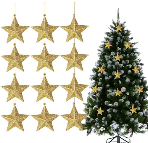 BHGT 12 Christbaumschmuck Sterne Weihnachtsdeko Gold Glitzer Weihnachtsbaumschmuck Baumschmuck Weihnachten Anhänger Klein Fenster Hanging Ornamente für Tannenbaum (Gold)