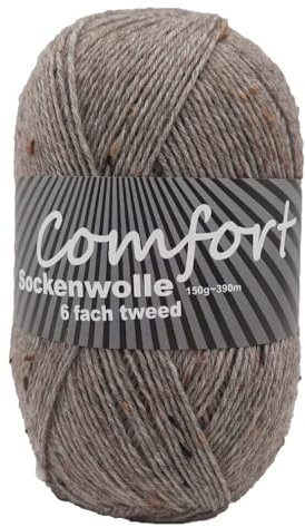 6-fädige Sockenwolle Strumpfwolle -150gr Knaul- 375m Lauflänge - dicke Wolle für besonders warme Socken – grosse Farbauswahl (tweed steingrau)