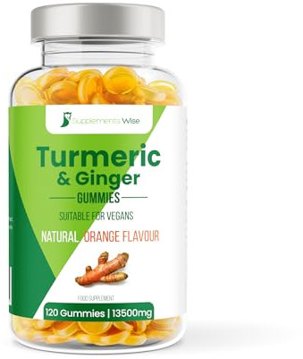 Turmeric Gummies - 120 Pack - 13500mg Per Serving - Fortified with Ginger - High Strength Turmeric Curcumin Supplement - Natural Orange Flavour - for Joint Pain - Chewable Herbal Vegan Gummy
