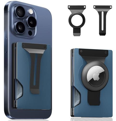 Portefeuille magnétique pour téléphone avec Apple MagSafe – Porte-cartes en métal avec support AirTag, blocage RFID et pince à billets pour iPhone 16, 15, 14, 13, 12 Pro Max/Pro/Plus/Mini, bleu