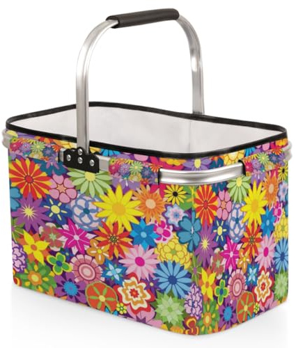 Tavisto Marktkörbe mit Griffen – Stabiler Einkaufskorb mit viel Stauraum und praktischer Innentasche, Bunte planare Blumen, 18.8*11.8*11.2 inches