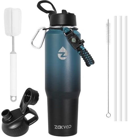 ZAKVOP 1.2L Insulated Water Bottle Tumbler, Insulated Tumbler with Straws and Two Lids, Stainless Steel Water Bottle with Paracord Handle for Cup Holders, Travel Mug for Cold&Hot Drink