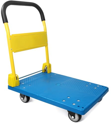 MaxWorks 50887 PP Faltbarer robuster Plattformwagen, Schubwagen, 200 kg Kapazität, Blaue Plattform mit gelbem Griff, ideal für Zuhause, Garten, Büro, Werkstatt, Lager und Umzug