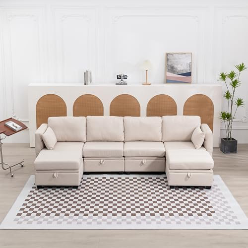 Moimhear Sofá seccional Suave en Forma de U con Almacenamiento, Empalme Informal Puede Usar un sofá Cama Doble, reposabrazos de Tela de Lino Plegable, sofá reclinable Extra Ancho para Sala de Estar