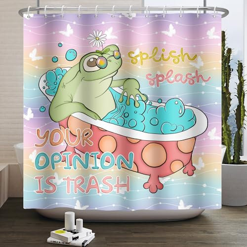 SDOTPMT 175x190cm Niedlicher Cartoon Frosch Duschvorhang Kleiner Frosch auf Badewanne Rosa Fantasie Badvorhang Tierisch Bunter Badewannenvorhang Kind Badezimmer Polyester Wasserdicht mit Haken