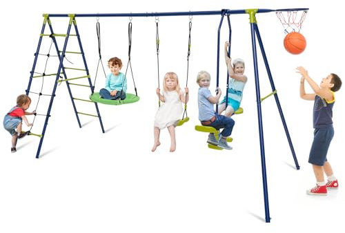 COSTWAY 6 en 1 Balançoire Enfant Extérieur avec 2 Sièges & 1 Face à Face, Portique Balançoire Exterieur en Métal avec Panier & Échelle d’Escalade, Charge 250kg pour 5 Enfants de 3-12 Ans