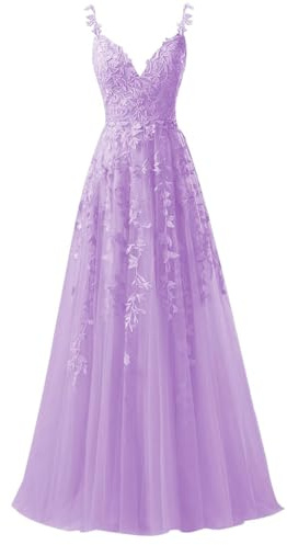 Beyonddress Robe de soirée en tulle avec applications en dentelle - Col en V - Bretelles spaghetti