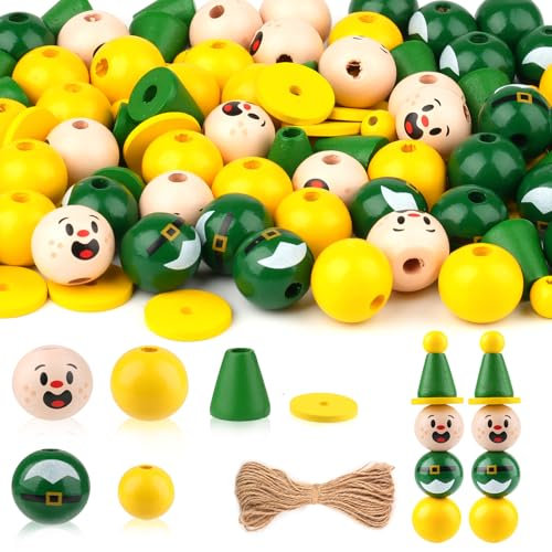 Holzperlen Set - 120 Stück Natürliche Kleiner Elf-Holzkugeln mit Hanfseil, 20mm Natürliche Holzkugeln mit Loch für DIY Basteln, Holzköpfe mit gesicht für Sorgenwürmchenund Halloween Deko (Grün)