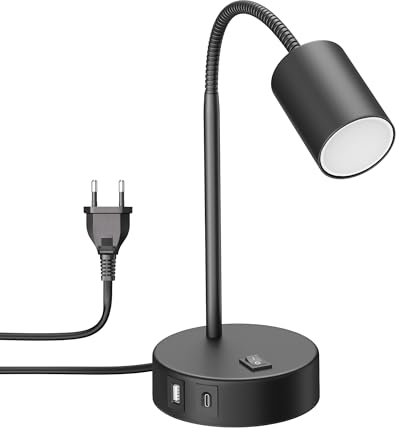 ledscom.de Tischleuchte WAIKA, schwarz, USB-A, USB-C, inkl. GU10 LED Lampe (3-Stufen-Dimmer, weiß, 6,1W, 609lm)