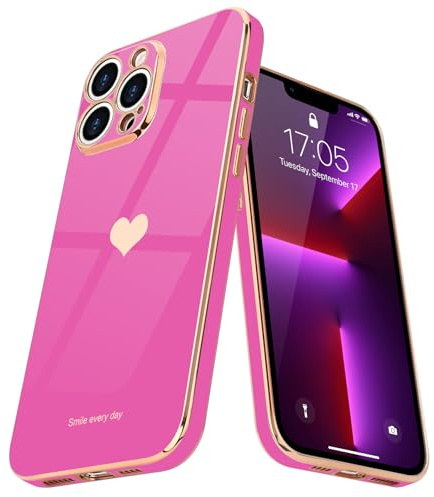 Teageo Lovely Case for iPhone 13 pro max, Cute Heart Back, Rose pink | Luxury Bling Plating, Soft TPU, Anti-Scratch Shockproof Bumper, for Women Girls, Lovely Heart Pattern