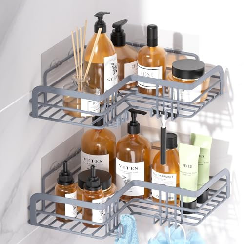 LAJIAKE Duschablage Ohne Bohren, Edelstahl Shampoo Halterung für Dusche, Shower Shelf mit 8 Haken, Duschregal Ecke, Duschkorb zum Kleben, Dusche Zubehör für Badezimmer und Küche, 2 Stück, Silber