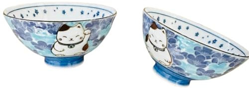 Japanese-Style Rice Bowl. Round Serving Bowl. Cute Lucky Cats Design. 12.5 cm (Set of 2)