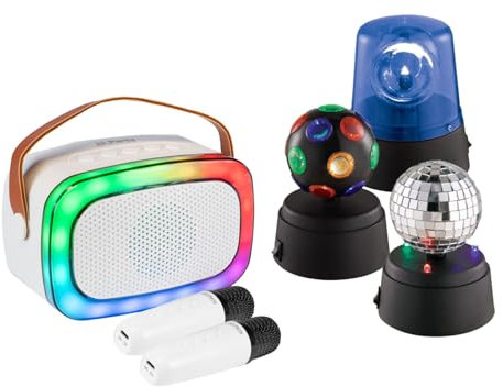 Party Light & Sound - Pack Karaoké Enceinte Enfant Bluetooth USB Party KARAKID20 2 Micros sans Fil - 3 Mini Effets Lumière LED Soirée Anniversaire