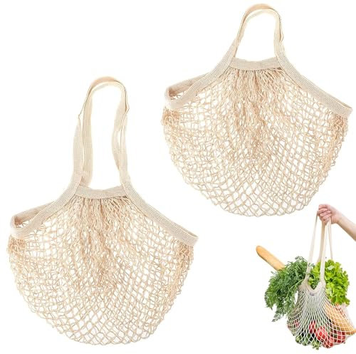 2 Stück Sandspielzeug Tasche, Tiederverwendbare Einkaufsnetze, Netzbeutel aus Bio Baumwollseil, Ideal für Obst und Gemüse, mit längerem und kürzerem Griff, nachhaltig und robust, Beige