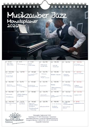 Musikzauber Jazz Planer DIN A4 Kalender für 2026 Jazz und Instrumente - Seelenzauber
