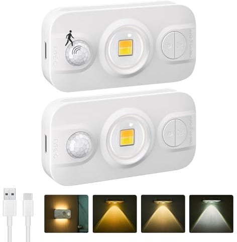 Liyade LED-Nachtlicht mit Bewegungsmelder, USB-C, 2er-Pack | Wiederaufladbare Unterbauleuchte mit 3 Lichtmodi, für Treppe, Küche, Kleiderschrank und Flur