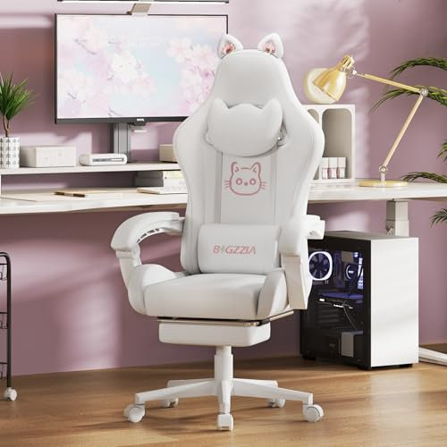 Racingreat Gaming Chair,Ergonomic Gaming Chair with Cat Ears for Girls Adults, Height Adjustable Reclining Computer Game Chair Comfortable with Headrest and Massage Lumbar Support (White)