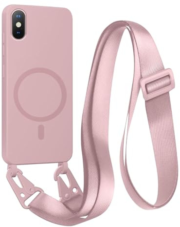 FNPCUON Cover Magnetica con Cordino per iPhone X/XS Compatibile con MagSafe,Ricarica Wireless, Placcatura Disegno Custodia con Collana Laccio Tracolla Regolabile Case.Rosa