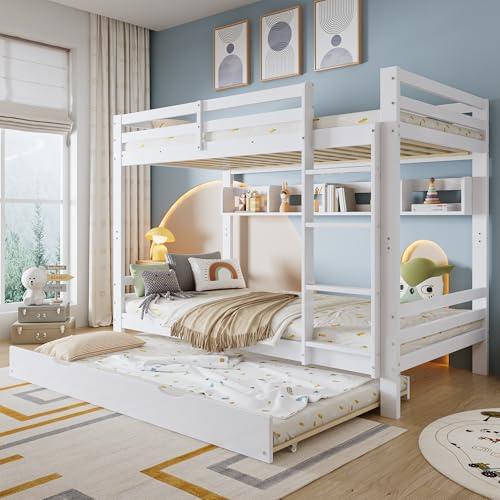 Zravenna Hochbett 90x200 mit Ausziehbett, Etagenbett für 2/3 Kinder, Rausfallschutz Kinderbett mit Leiter und Einer Reihe von 2 Meter Langen Regalen, Kiefernholzrahmen (Weiß-3, 90x200cm)