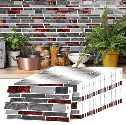 20 Stück Fliesenaufkleber, Mosaik Fliesenaufkleber 12x24,6 cm Badezimmer Selbstklebende Fliesendekor Aufkleber Backstein zum Küche Esszimmer Bad Fliesenfolie Deko (Rot)