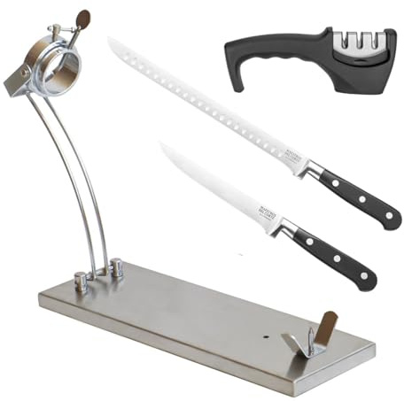 CUPERINOX Jamonero Inoxidable Giratorio | Jamonera base Inoxidable | Incluye Cuchillo Jamonero Alveolos 25 cm, Deshuesador 15 cm, Afilador y Funda para Jamón | Apto Jamones y Paletilla