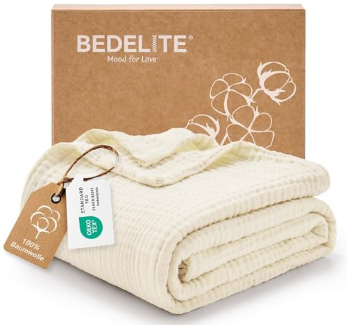 BEDELITE Musselin Decke 127x177cm Erwachsene Tagesdecke Baumwolle, Creme